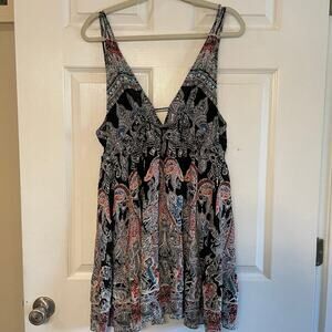 Intimately Free People sz Medium Black Paisley Strappy V-Neck Slip Mini Dress